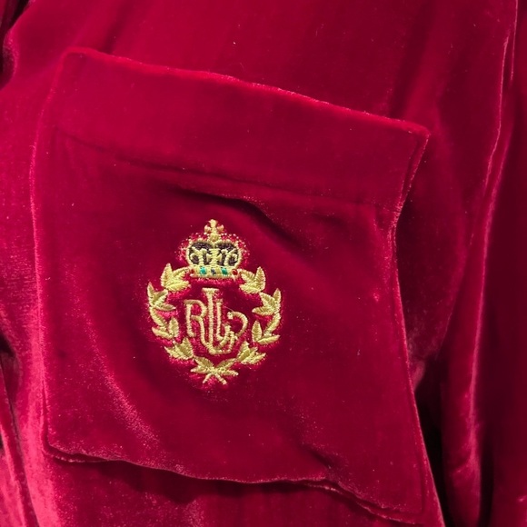 LAUREN Ralph Lauren Red Velvet Blouse Silk Blend Small Petite Gold Logo Crest - Picture 2 of 9
